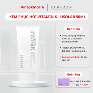 Kem dưỡng làm dịu tức thì Vitamin K Cream Usolab chuyên hỗ trợ giảm giãn mao mạch, giảm vết thâm đỏ, bầm tím do mao mạch suy yếu, giảm thiểu xuất hiện ban huyết, ửng đỏ, kích ứng sau xâm lấn thẩm mỹ: meso, MTS, peeling, lazer, liên kết các tế bào để hạn chế mất nước qua da, giảm thiểu tác nhân có hại.